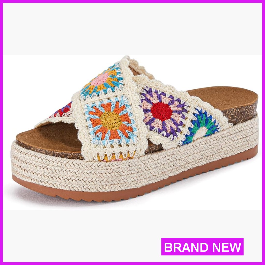 Platform Espadrille Sandals Floral Crochet Cork Summer Beach Slides Boho